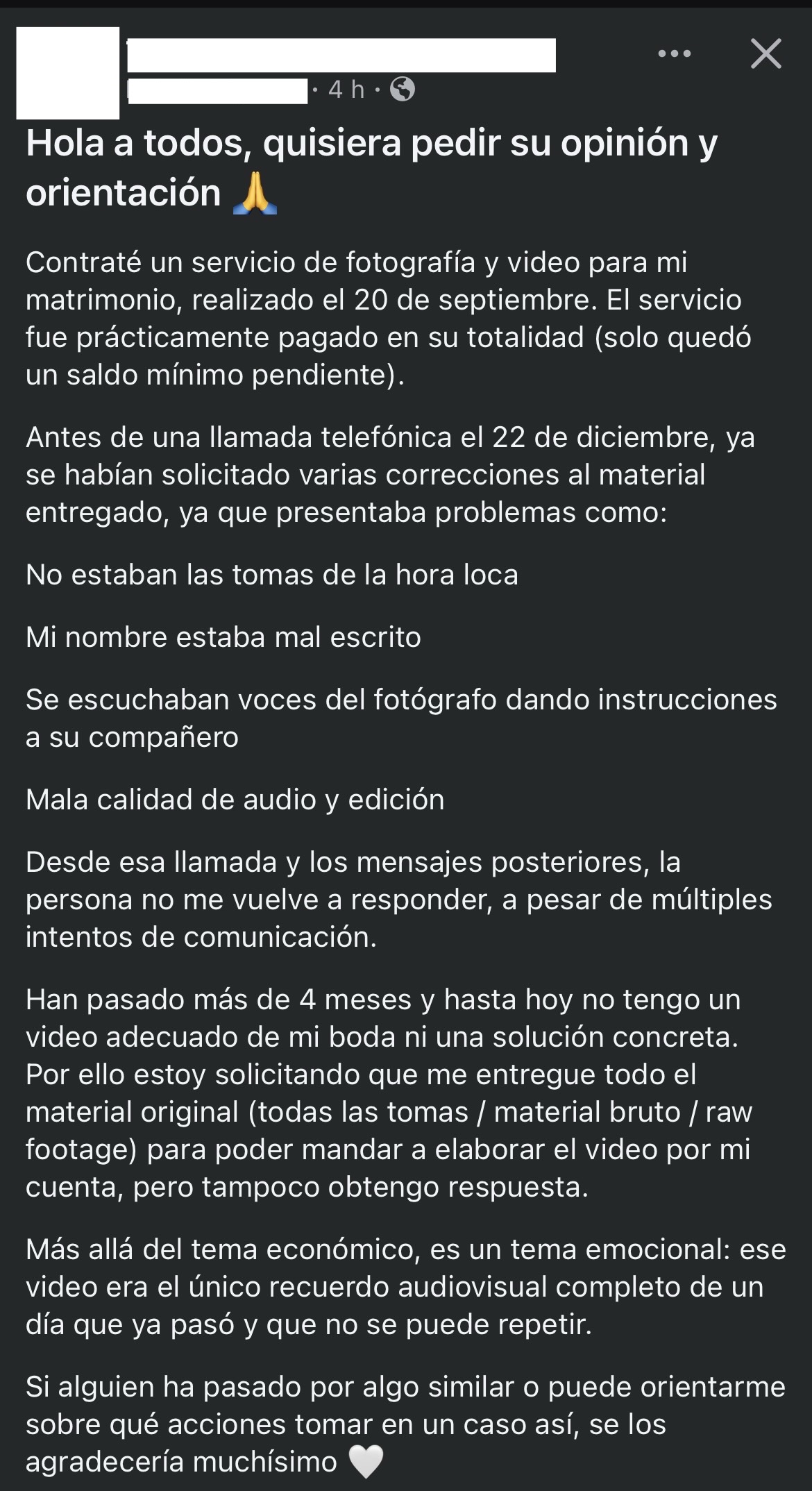 Testimonio anónimo sobre entrega de video de boda