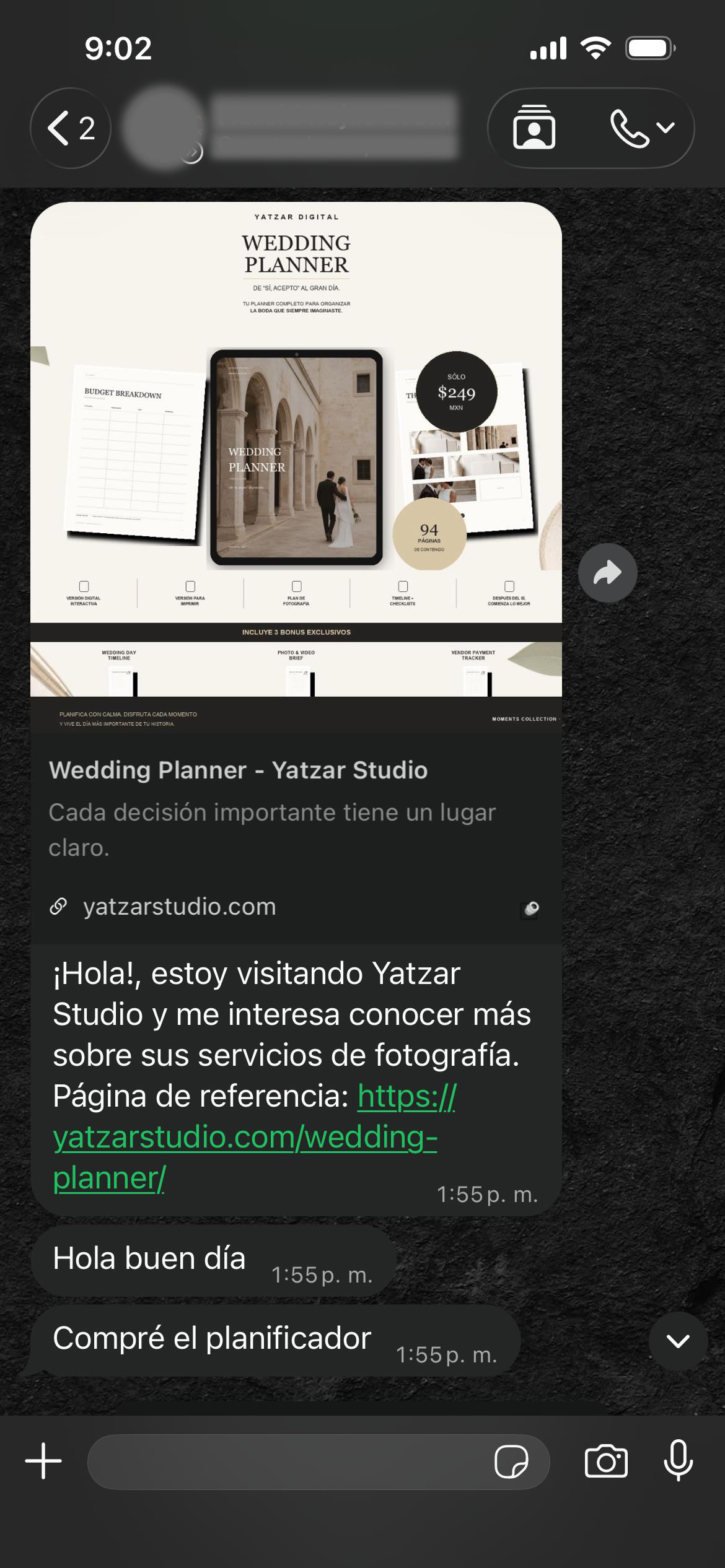 Captura anonimizada de una comprador del Planificador de Boda